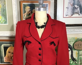 Banu Paris 1980’s Women’s Red Wool 2 Piece Skirt Suit