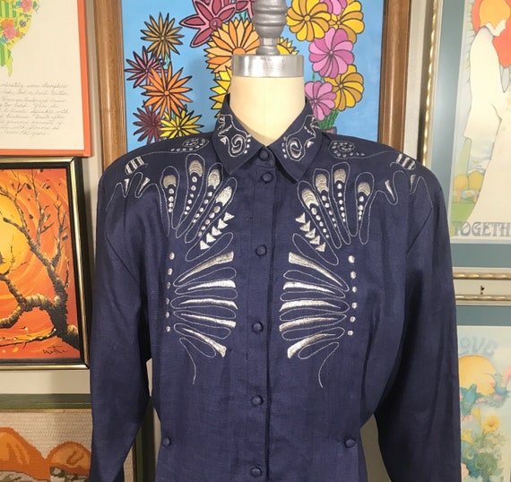 Suzelle 1980's Ladies Blue Pleated Linen Shirt wi… - image 1