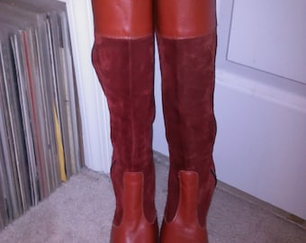 1970's Rust Suede &  Leather Knee High Heeled Boots - Womens Size 7