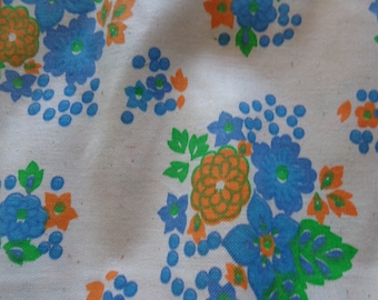 FABRIC! 1960's Blue & Orange Floral Design on Cream Background Cotton