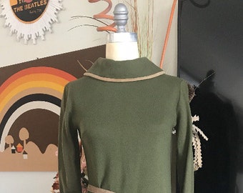 Polskys 1960s Olive Green Wool and Leather Dress