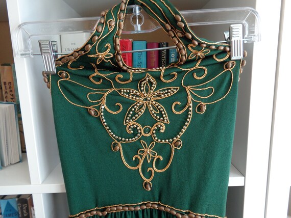 1970's Kelly Green & Gold Halter Top Maxi Dress