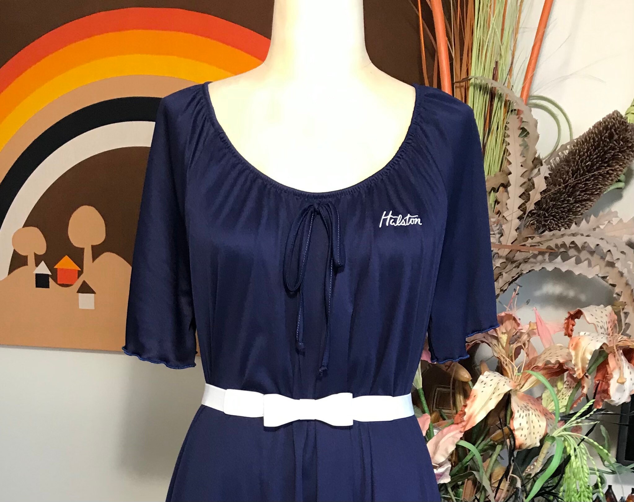 Halston 1980's Ladies Navy Blue Night Gown Dress Halston 1980's Ladies Navy Blue Night Gown Dress