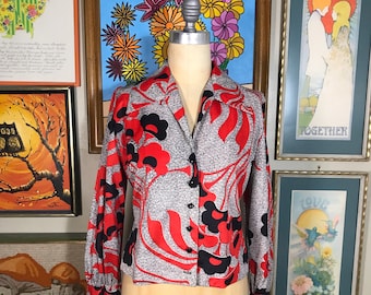 1970's Vintage Floral Blouse Red, Black and White Print