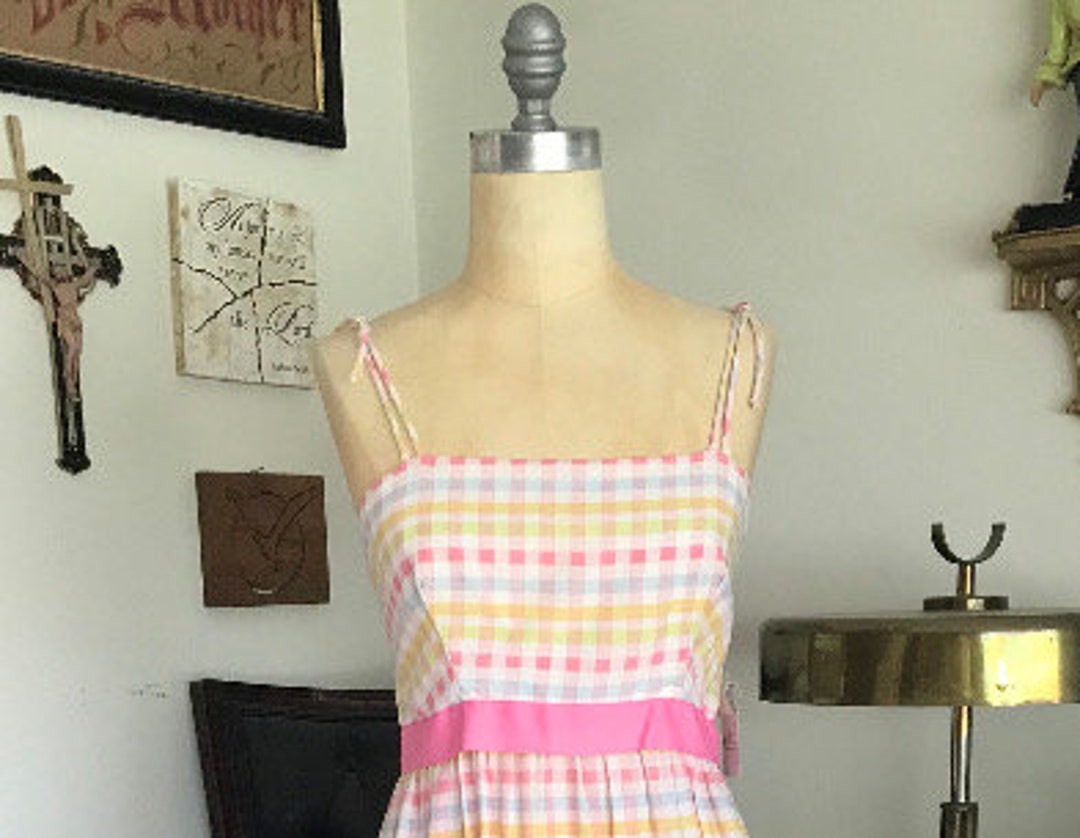 1970s Pastel Gingham Maxi Dress Etsy