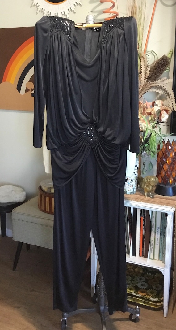 1980’s Black Sequined Formal Ruched Jumpsuit - image 2