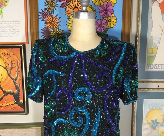 Night Vogue 1980s Sparkle Beads & Sequins Silk Pullover Top
