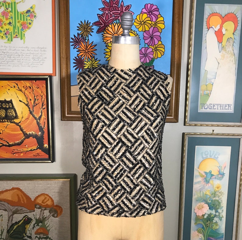 Jomar Imports LTD 1960's Beaded and Sequin Black & Beige Sleeveless Wool Knit Top image 2