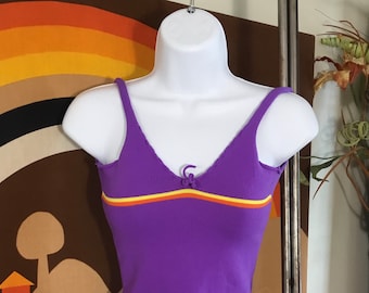 1970's Women's Purple One Piece Swimsuit