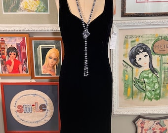 1980s Lillie Rubin Black Velvet Evening Dress Vintage Beaded Drop Waist Gatsby Gown