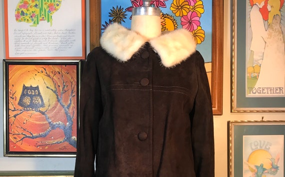 1960's Ladies Brown Suede Winter Coat w/mink coll… - image 1