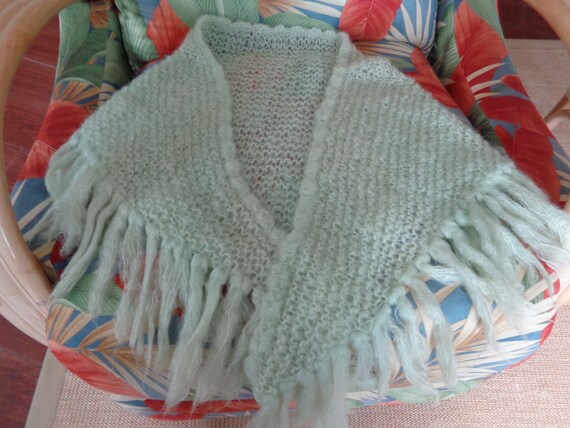 Mohair Shawl 1960's Pale Green Hand Crocheted  - - image 2