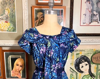 1960's Multicolor Blue Hawaiian Floral Print Mini Dress