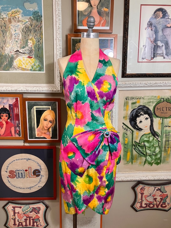 Cache  1980's Dress Jeweltone Impressionistic Pri… - image 2
