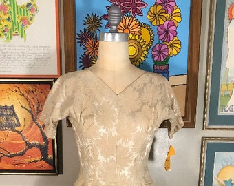 Kay Wynne Original 1950's Floral Brocade Champagne Dress