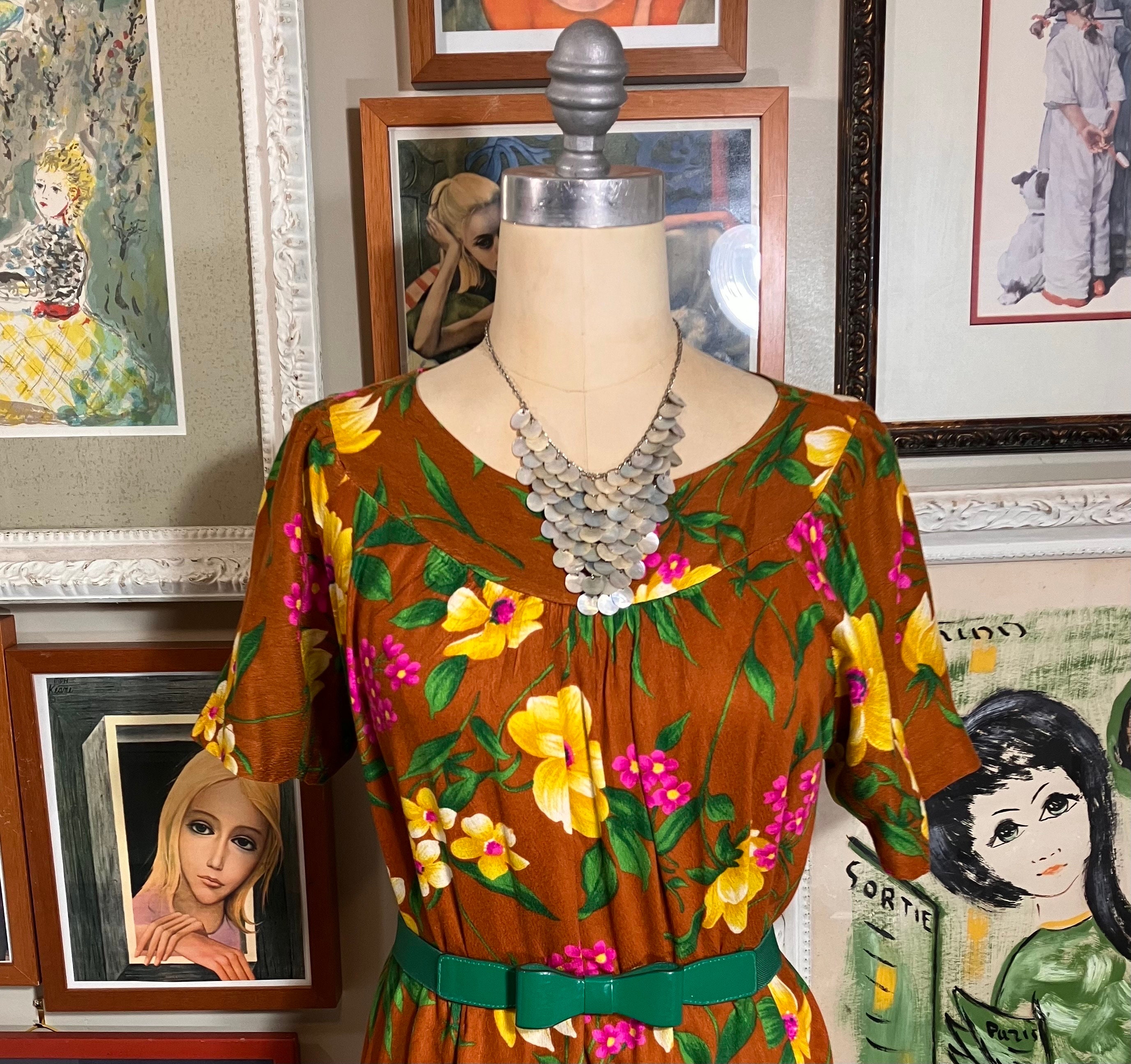 60s -70s Jewelry – Necklaces, Earrings, Rings, Bracelets 1960s Hawaiian Floral Print Shift Maxi Dress $69.00 AT vintagedancer.com