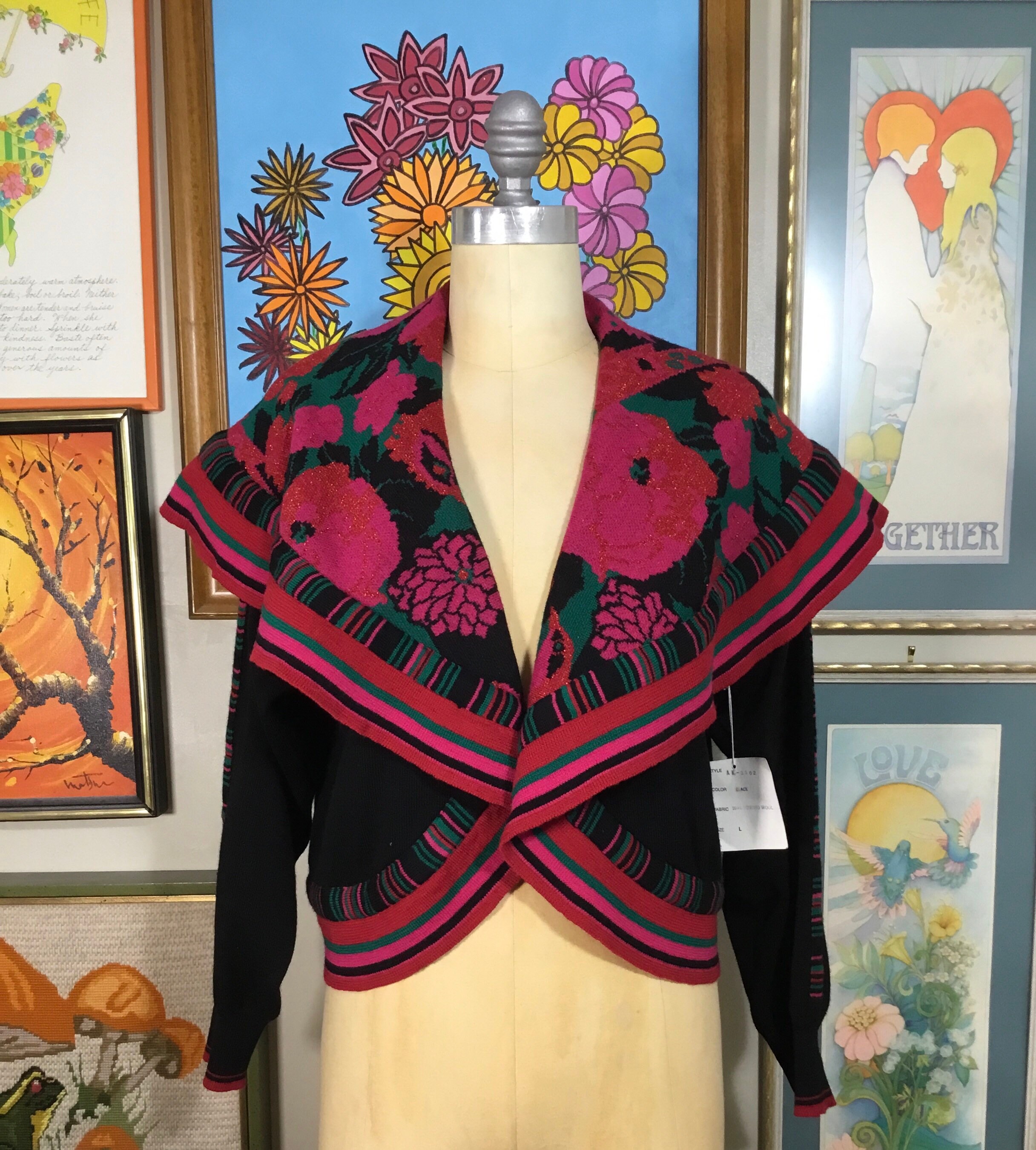 Vintage 80s Kansai Yamamoto Graphic Shawl Collar Sweater