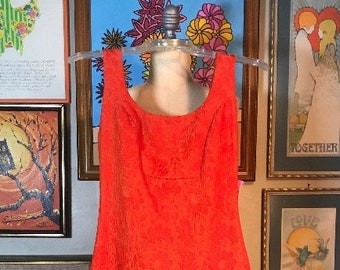 1960's Red Cotton Polyester Brocade Embossed Floral Design Dress