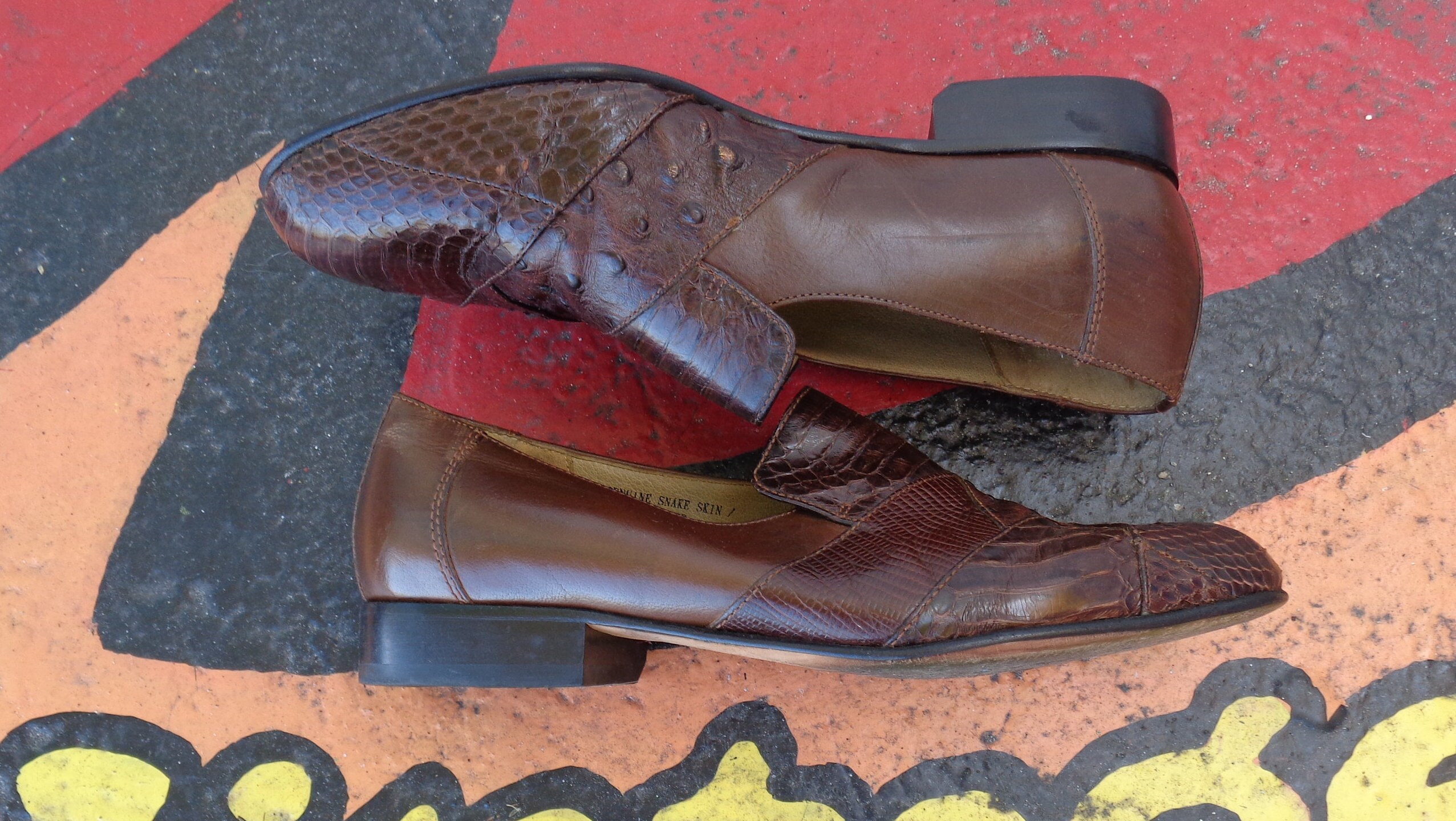 Giorgio Brutini Genuine Snake Dark Brown Loafers with Gold Buckle Vintage Giorgio Brutini Snake Skin Loafers: Gold Lion Detail  main image 3
