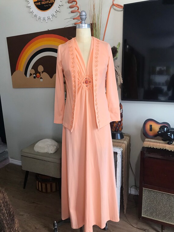 1970s Peach Polyester Two Piece Maxi Dress Gown - image 3