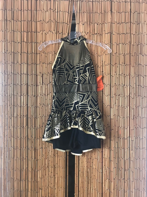1990s Gold and Black Abstract Print One Piece Swim