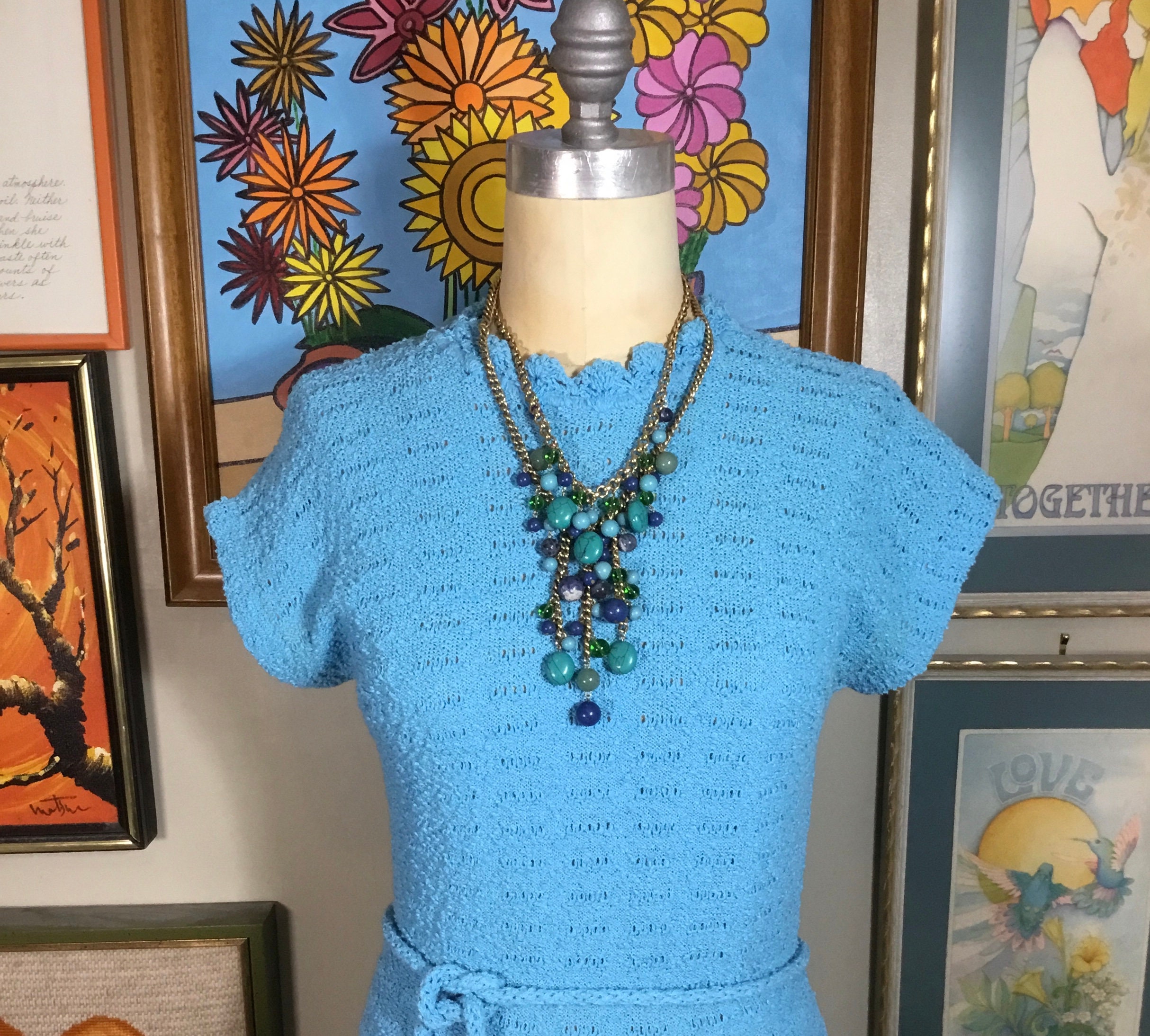 60s -70s Jewelry – Necklaces, Earrings, Rings, Bracelets Katrina Custom Knits Calif 1960s Baby Blue Dress $79.00 AT vintagedancer.com