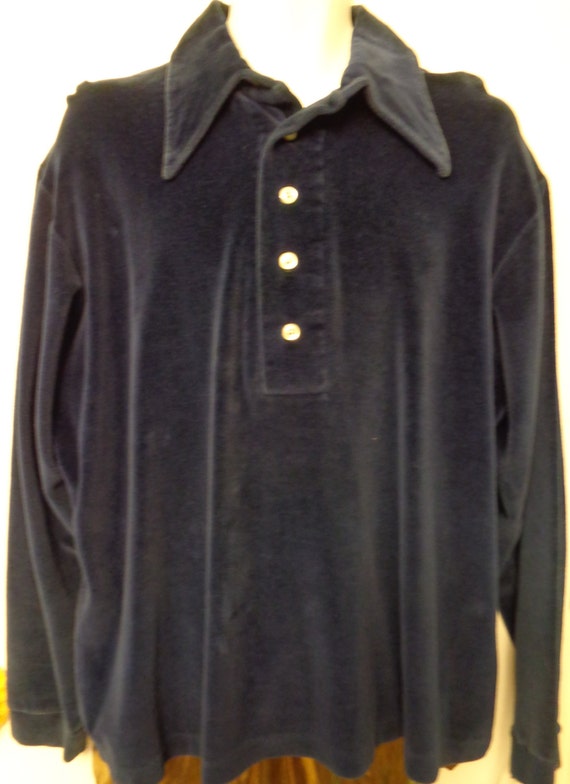 Gwynn’s 1970'S Velour Men's Navy Blue Button Down… - image 2