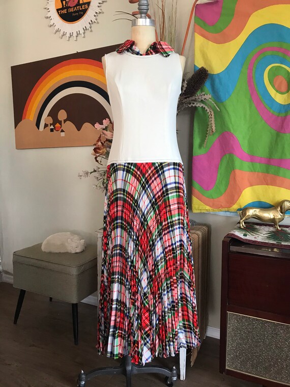 1970s Plaid Polyester Drop Waist Maxi Dress - image 3