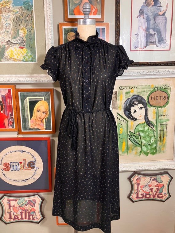 1970's Dress Polyester Sheer Black and Camel Print - image 3