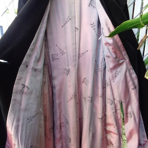 1940s Vintage Black Cotton Velvet Coat Satiny Acetate Lining Pleated Back image 8