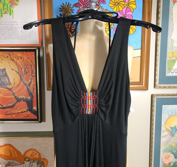 Bohemian Maxi Dress 1970's Black Cotton Beaded (S… - image 1