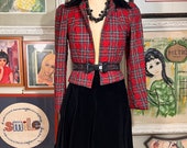 1970's Petite Ladies, Teen or Girls Quilted Jacket & Skirt 2 Piece Red Plaid/Black Velvet Trim Outfit
