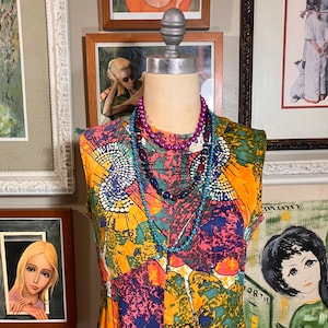 1960&#39;s Maxi Dress Multicolor Earth Tone Abstract Print