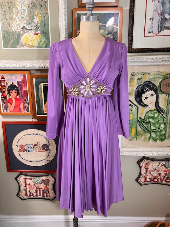 Vintage 1970s Lilac Empire Waist Maxi Dress Gold Floral Beading Formal Gown