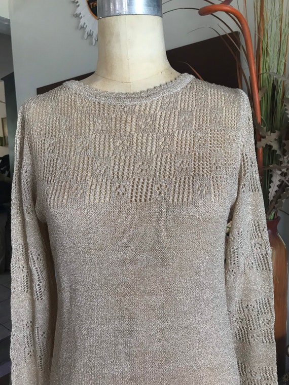 1960s gold knit bell sleeve dress with peek a boo