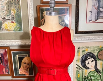 1960's Sleeveless Belted Red Silk Chiffon Holiday Party Dress