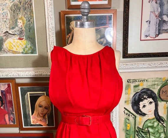 1960's Sleeveless Belted Red Silk Chiffon Holiday… - image 1