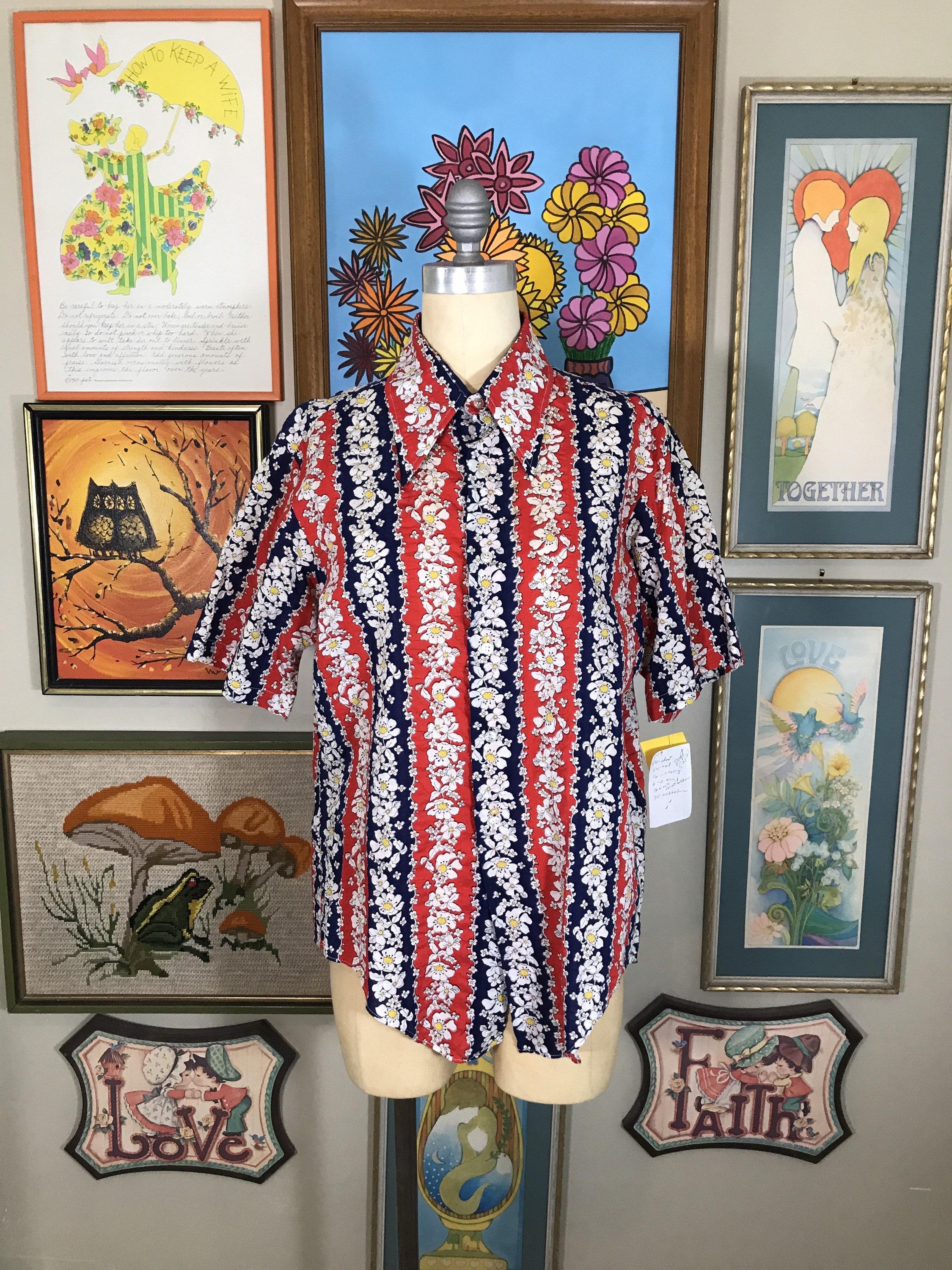 60s〜70s Marlboro レーヨンギャバシャツ Vintage 1970s Marlboro Hawaiian Shirt Red White Blue Seersucker