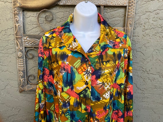 Ladies 1970’s Abstract Print Polyester Blouse - image 1