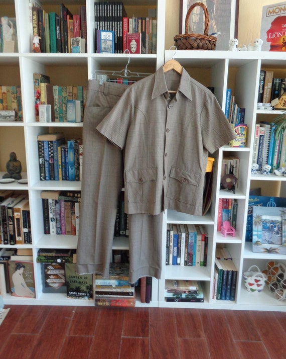 VINTAGE 1970's Men's Hounds-Tooth Check Short Slee
