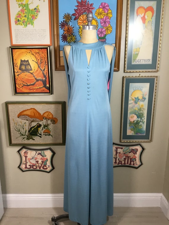Vintage Women’s 1970’s Blue Maxi Evening Dress wi… - image 2