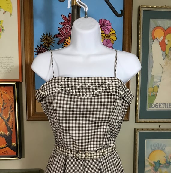 1950’s Vintage Spaghetti Strap Gingham Checked Dr… - image 3