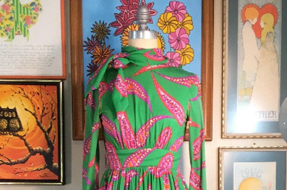 Lillie Rubin 1970’s Green Paisley Maxi Dress (sma… - image 1