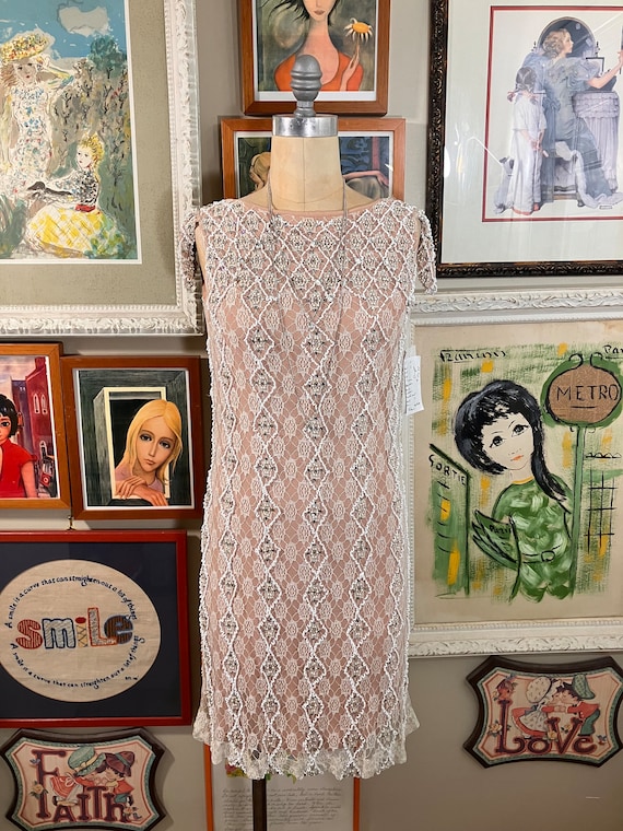 1960s Minuet Donn Auten Mauve Rayon Lace Beaded Rhinestone Cap Sleeve Mini Dress