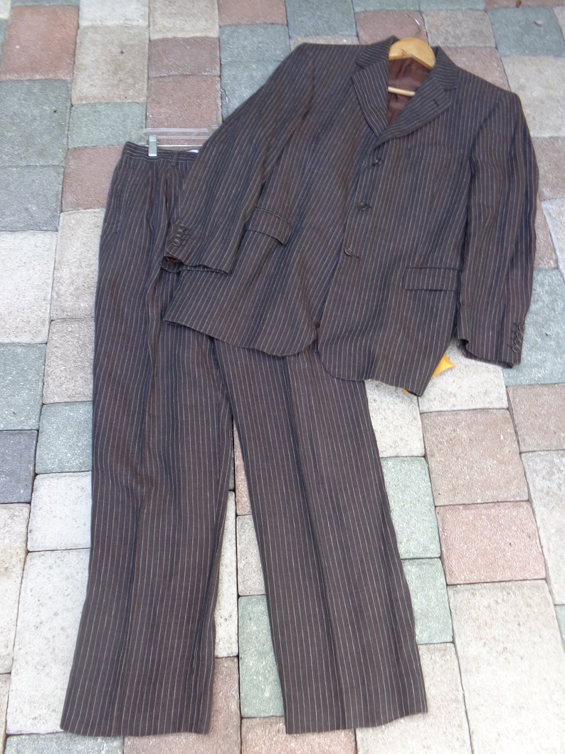 Studio Milano Italy Pure Linen Mens Brown White Pin Stripe Suit image 2