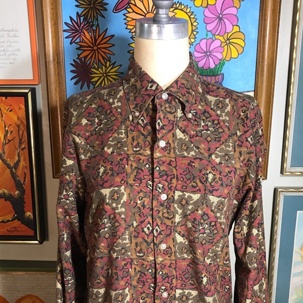 h.i.s. 1960's Earth Tone Print Button Down, Long Sleeve Men's Shirt