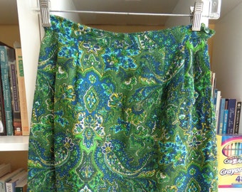1960's Skirt Olive Green, Navy & Turquoise Paisley (Small)