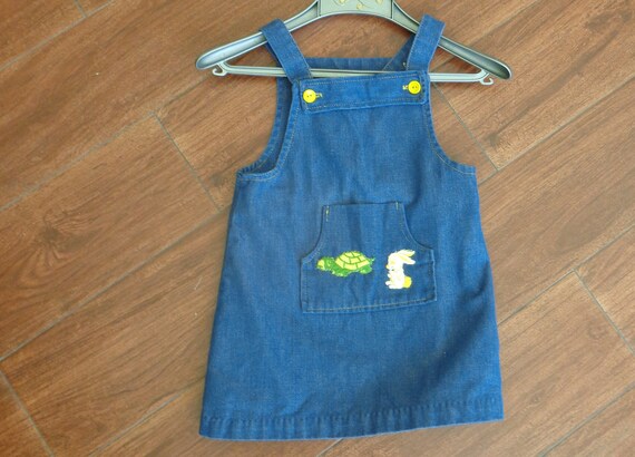 Tiny Folks 1970's Polyester Cotton Blue Denim Sun Dress/Jumper