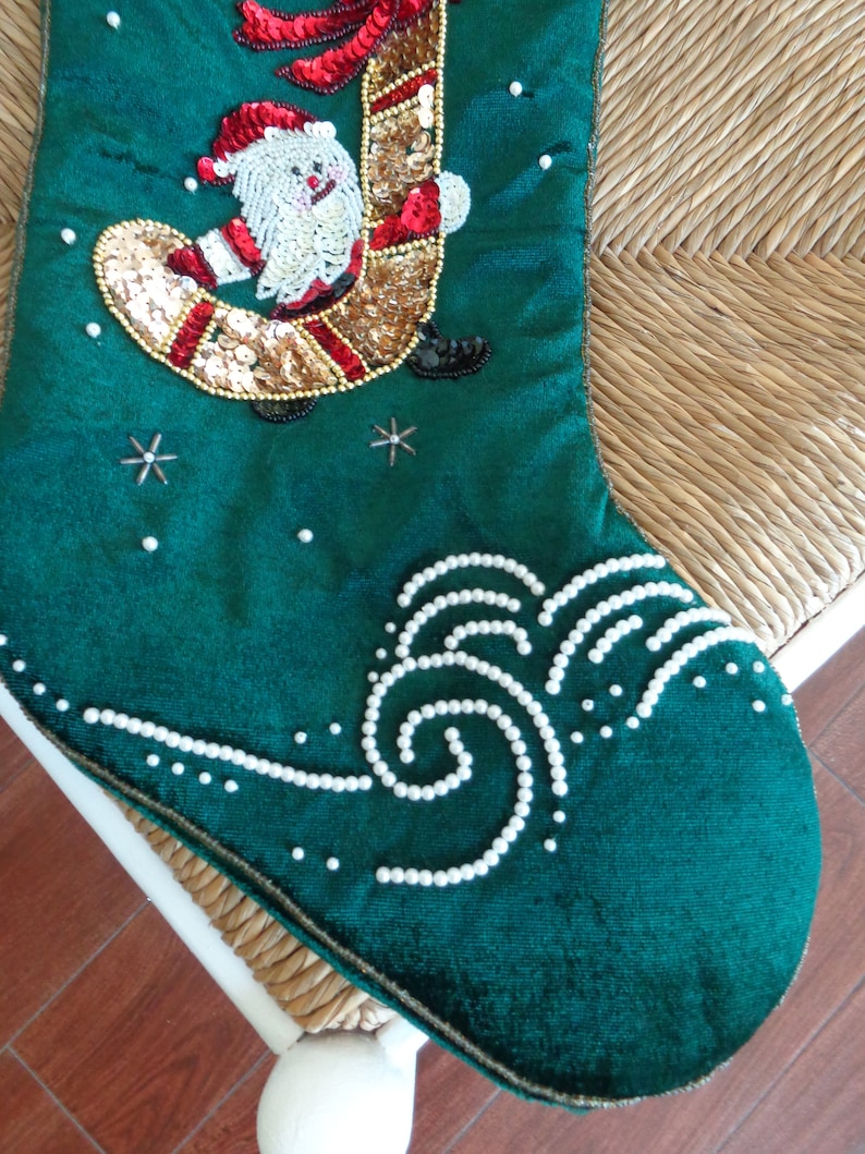 VINTAGE Green Satiny Sequined Christmas Stocking available