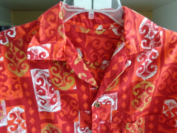 Hawaiian 1970's Bark Cloth Shirt Dark Red and Oran